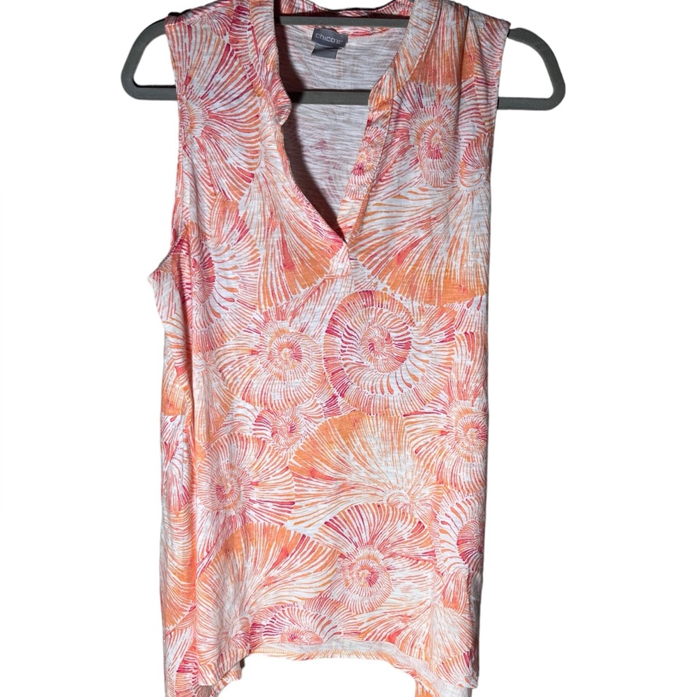 Chicos Sleeveless Top Split V neck Sz 2 US S L Coral Orange White Seashell Print